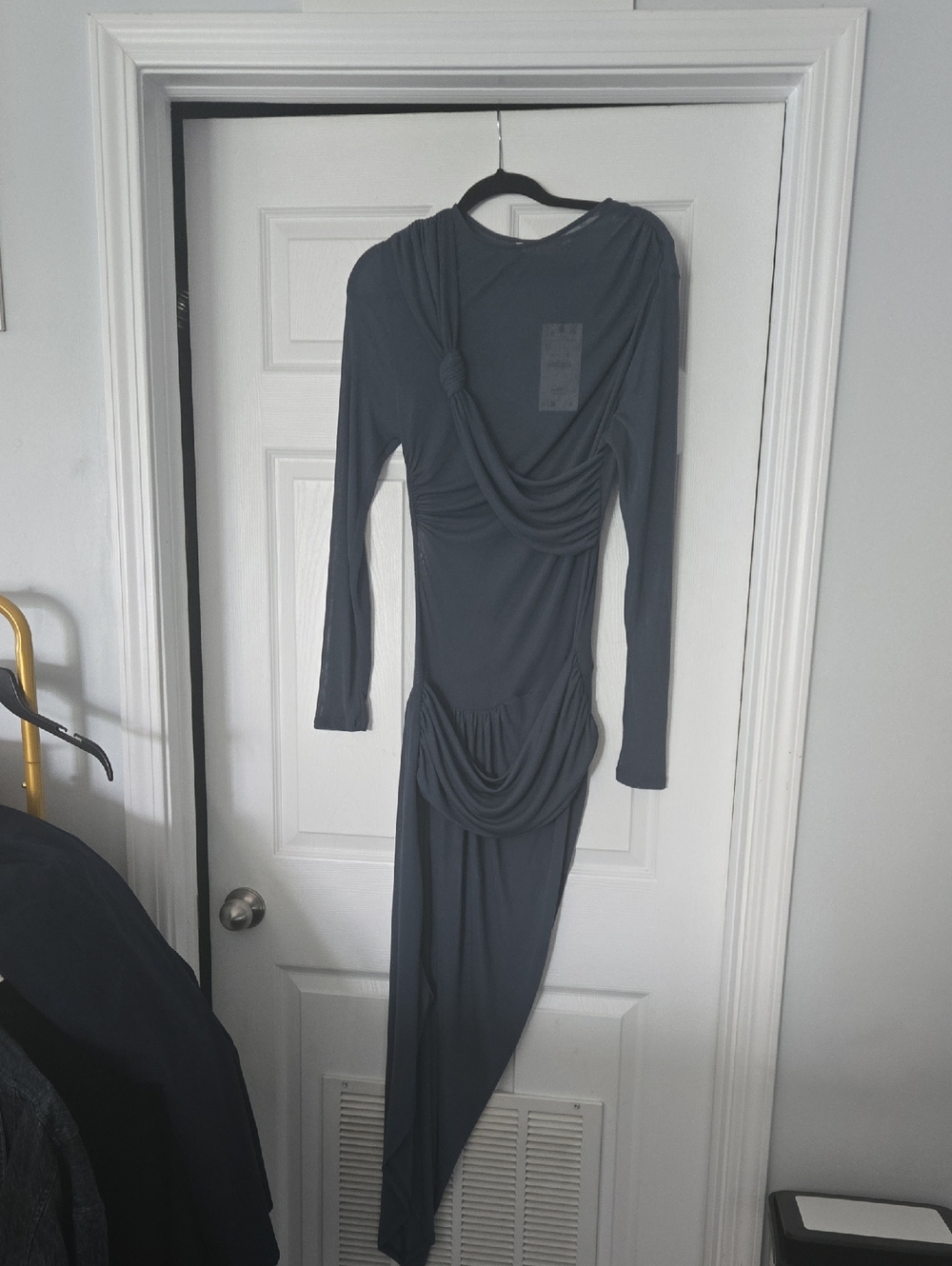Zara Charcoal Draped Asymmetrical Knot-Detail Long-Sleeve Dress